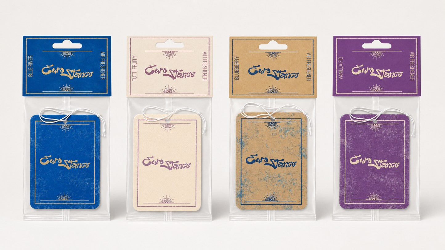EuroStance four pack air freshener bundle with Blue River, Tutti Fruity, Blueberry and Vanilla Fig